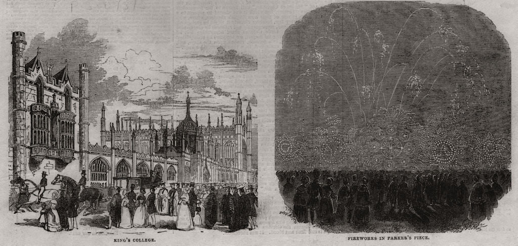 King's College; fireworks in Parker's Piece. Cambridge 1843 old antique print